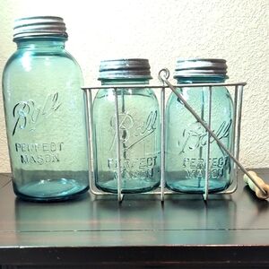 3 Vintage Aqua Ball Perfect Mason Jars Milk Glass Lined Zinc Screw Lids Carrier